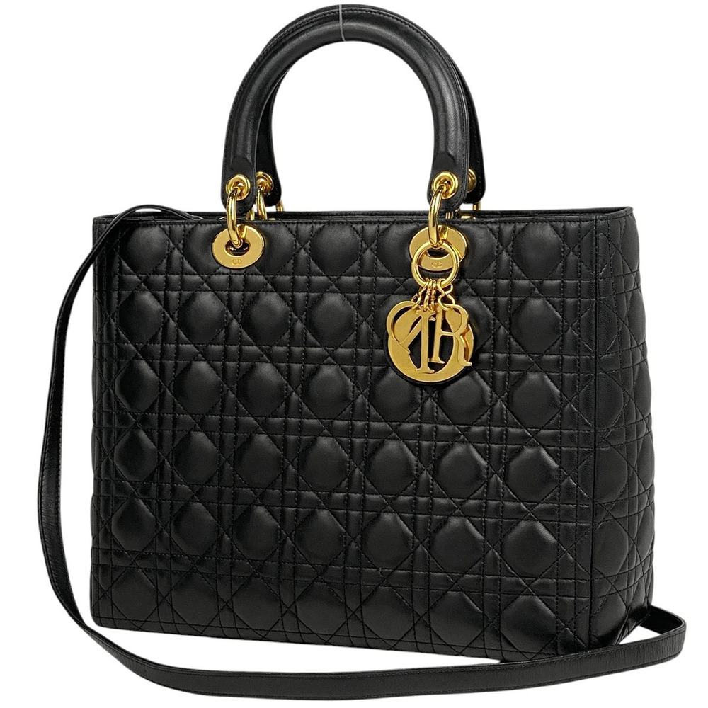 Christian Dior Lady Shoulder Bag Cannage Handbag Leather Black